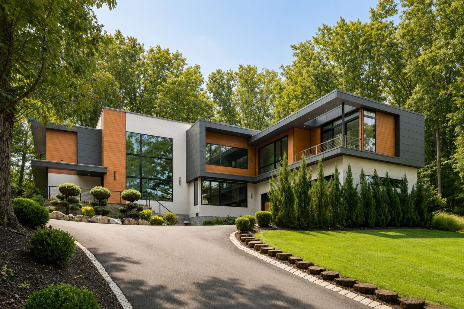 15 Seminole Way, Short Hills, NJ — contemporary front facade in cedar-toned wood, dark metal panel, and white stucco
