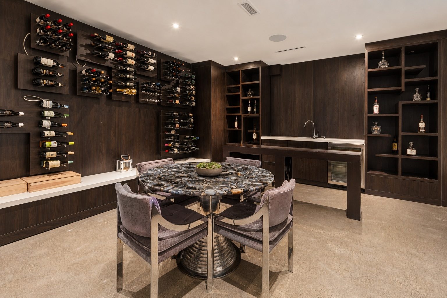 Walnut-panelled wine tasting room at 15 Seminole Way with display racking and a wet bar